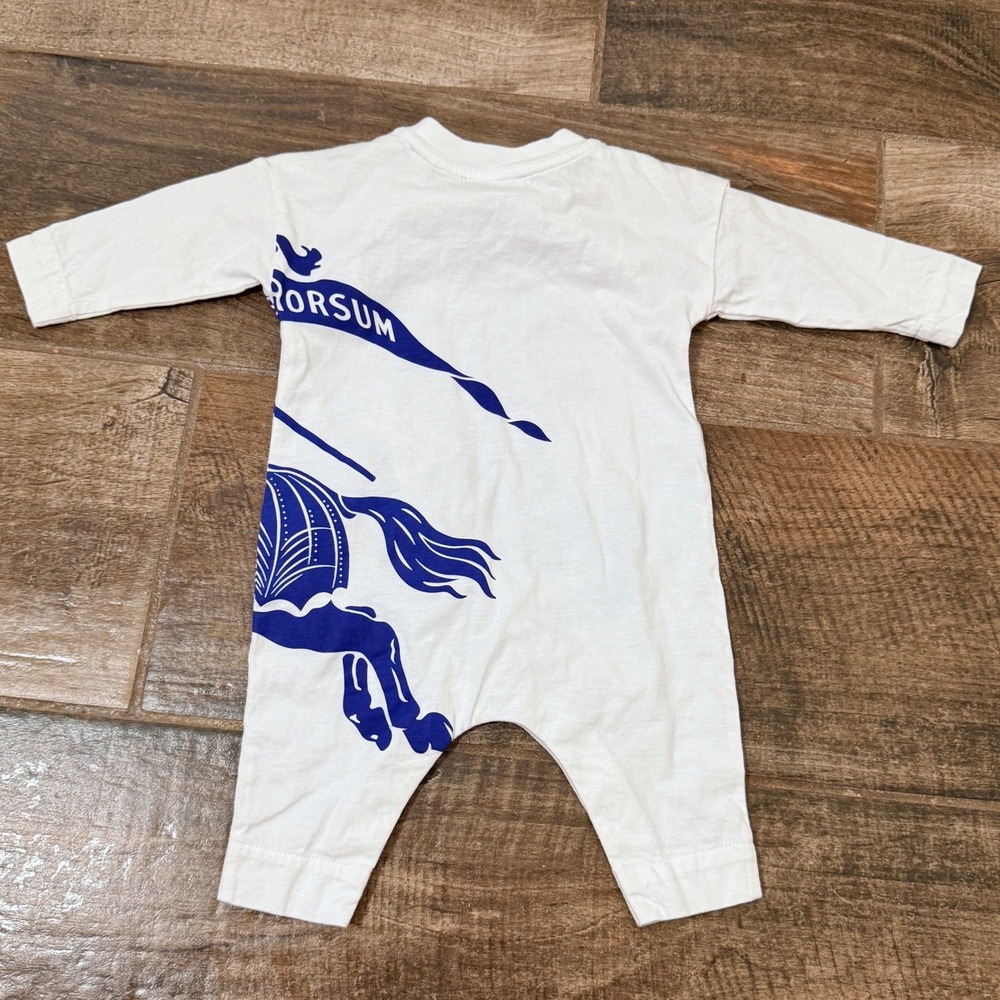 BURBERRY Baby Equestrian Knight Design Cotton Jumpsuit Romper, White Blue,3M - Picture 6 of 12